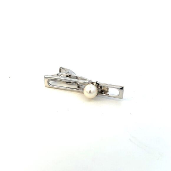 Mikimoto Estate Akoya Pearl Mens Tie Clip 7 mm Silver M413 - Picture 8 of 11